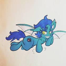 Size: 1080x1080 | Tagged: safe, artist:sketchwhatyousee, oc, oc only, bat pony, pony, floppy ears, grin, lidded eyes, prone, sharp teeth, smiling, solo, spread wings, teeth, traditional art