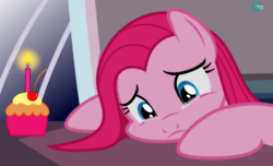 Size: 2975x1812 | Tagged: safe, artist:arifproject, pinkie pie, earth pony, pony, g4, birthday, boutique depression, candle, crying, cupcake, female, food, forgotten birthday, frown, happy birthday to me, looking down, mare, pinkamena diane pie, sad, solo, squishy cheeks, table, unhappy, window