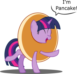 Size: 1500x1440 | Tagged: safe, artist:bladedragoon7575, twilight sparkle, pony, g4, clothes, costume, cute, dialogue, eyes closed, female, food, food costume, happy, i'm pancake, open mouth, pancake costume, pancakes, raised hoof, raised leg, silly, silly pony, simple background, smiling, solo, speech bubble, transparent background, twiabetes