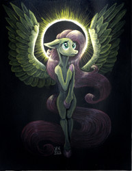 Size: 1472x1908 | Tagged: safe, artist:lol-katrina, fluttershy, pony, g4, bipedal, colored hooves, covering, female, floppy ears, halo, looking away, looking up, solo, spread wings, starry eyes, traditional art, wingding eyes