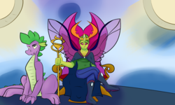 Size: 5000x3000 | Tagged: safe, artist:php37, spike, thorax, changedling, changeling, human, g4, to where and back again, gay, horn, horned humanization, humanized, king thorax, male, older, older spike, ship:thoraxspike, shipping, throne, winged humanization