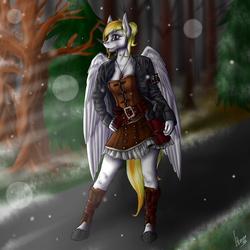 Size: 2000x2000 | Tagged: safe, artist:iwoo34enn, artist:stirren, oc, oc only, oc:storm shield, pegasus, anthro, unguligrade anthro, clothes, corset, forest, high res, hooves, looking at you, pegasus oc, pose, skirt, solo, standing, steampunk, unshorn fetlocks, wings