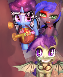 Size: 1800x2200 | Tagged: safe, artist:sapsan, oc, oc only, oc:grey seeking dusk, oc:reiku, oc:silver lining, bat pony, pony, candy, commission, foal, food, halloween, holiday, mouth hold, not trixie, pumpkin bucket, trick or treat