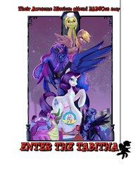 Size: 3300x4200 | Tagged: safe, artist:checkerboardazn, derpy hooves, granny smith, nightmare moon, princess luna, rarity, spike, oc, oc:golden gates, pegasus, pony, g4, babscon, babscon mascots, female, logo, mare, movie poster, spikezilla, tabitha st. germain, voice actor joke