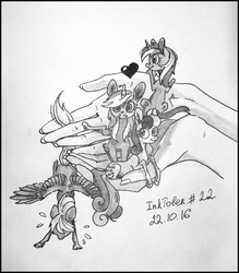 Size: 708x809 | Tagged: safe, artist:natanatfan, bon bon, derpy hooves, lyra heartstrings, minuette, sweetie drops, earth pony, human, pegasus, pony, unicorn, g4, adorabon, cute, female, hand, heart, holding, in goliath's palm, ink, inktober, lesbian, looking at you, looking back, lyrabetes, mare, micro, minubetes, monochrome, prone, ship:lyrabon, shipping, sitting, smiling, spread wings, sweat, tiny ponies, traditional art