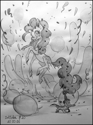 Size: 777x1037 | Tagged: safe, artist:natanatfan, gummy, pinkie pie, g4, balloon, confetti, cute, hat, inktober, jumping, monochrome, party hat, party horn, pet, streamers, traditional art