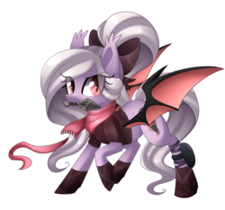 Size: 2244x2100 | Tagged: safe, artist:scarlet-spectrum, oc, oc only, oc:violet thorn, bat pony, pony, bandage, bow, clothes, commission, fangs, hair bow, high res, kunai, kunoichi, mouth hold, ninja, pouch, raised hoof, scarf, slit pupils, solo