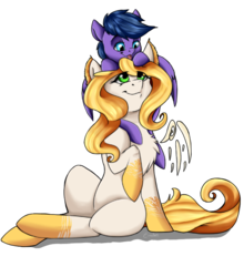 Size: 628x713 | Tagged: safe, artist:crecious, oc, oc only, oc:feather freight, oc:mercury stratos, original species, pegasus, pony, cute, feathered ears, ponies riding ponies, pony hat, riding, size difference
