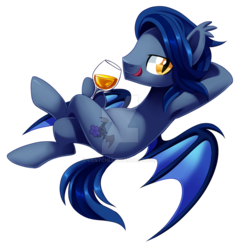Size: 1024x1067 | Tagged: safe, artist:centchi, oc, oc only, oc:moonlight nectar, bat pony, pony, arm behind head, armpits, bat pony oc, crossed legs, glass, licking, licking lips, simple background, solo, tongue out, transparent background, watermark