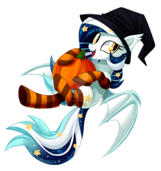 Size: 1600x1697 | Tagged: safe, artist:centchi, oc, oc only, oc:wistful galaxy, bat pony, pony, bat pony oc, clothes, hat, pumpkin, simple background, socks, solo, striped socks, transparent background, watermark, witch hat