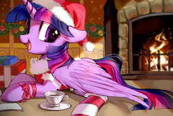 Size: 1280x859 | Tagged: safe, artist:rocy canvas, twilight sparkle, alicorn, pony, g4, book, clothes, female, fireplace, floppy ears, garland, hat, mare, open mouth, present, prone, ribbon, santa costume, santa hat, socks, solo, striped socks, teacup, twilight sparkle (alicorn)