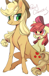 Size: 1000x1545 | Tagged: safe, artist:rocy canvas, apple bloom, applejack, earth pony, pony, g4, bow, cowboy hat, duo, female, filly, hair bow, hat, looking back, mare, simple background, sisters, white background