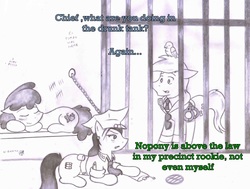 Size: 2779x2098 | Tagged: safe, artist:poseidonathenea, berry punch, berryshine, oc, oc:matilda, g4, drunk, high res, jail, monochrome, pencil drawing, police officer, police pony, traditional art