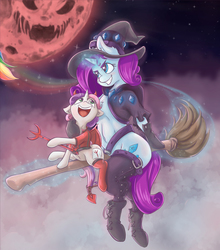 Size: 2045x2325 | Tagged: safe, artist:alcor, rainbow dash, rarity, sweetie belle, devil, pony, unicorn, g4, belly button, blood moon, broom, clothes, cloud, contrail, costume, demon wings, devil costume, devil horns, devil tail, devil's fork, duo, fake cutie mark, floppy ears, flying, flying broomstick, full moon, hat, high res, levitation, magic, moon, open mouth, rainbow, smiling, socks, telekinesis, trident, witch hat