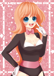 Size: 600x840 | Tagged: safe, artist:exceru-karina, oc, oc only, oc:peachy cream, human, breasts, cleavage, clothes, female, gloves, humanized, magician outfit, solo