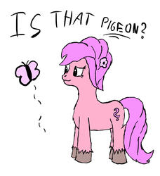 Size: 1024x1124 | Tagged: safe, artist:flutterish, oc, oc only, oc:curyou, butterfly, earth pony, pony, engrish, is this a pigeon, meme, solo, unshorn fetlocks