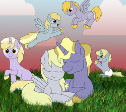 Size: 3929x3487 | Tagged: safe, artist:faitheverlasting, chirpy hooves, crackle pop, derpy hooves, dinky hooves, dipsy hooves, ponet, pegasus, pony, g4, female, grass, high res, male, mare, nuzzling, ponetderp, shipping, straight, sunset