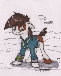 Size: 873x1094 | Tagged: safe, artist:shikogo, pipsqueak, oc, oc only, oc:littlepip, pony, fallout equestria, g4, clothes, costume, fanfic, fanfic art, floppy ears, hooves, implied oc, inktober, inktober 2016, jumpsuit, older, pipbuck, smiling, solo, text, traditional art, vault suit