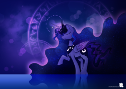 Size: 1599x1131 | Tagged: safe, artist:simonk0, princess luna, g4, eyes closed, female, magic, magic circle, raised hoof, reflection, solo, stars