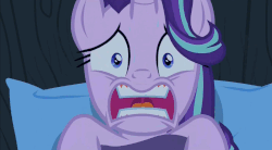 Size: 912x502 | Tagged: safe, screencap, starlight glimmer, pony, g4, season 6, to where and back again, animated, female, gif, loop, solo, sweat, waking up