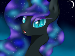 Size: 4000x3000 | Tagged: safe, artist:ruanshi, nightmare moon, g4, bust, colored pupils, eyelashes, eyeshadow, female, lidded eyes, looking at you, makeup, moon, night, open mouth, portrait, solo, stars