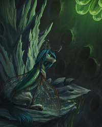 Size: 2400x3000 | Tagged: safe, artist:bra1neater, queen chrysalis, changeling, changeling queen, g4, to where and back again, changeling hive, cocoon, crown, female, glowing eyes, high res, insect wings, jewelry, looking at you, regalia, sitting, solo focus, spread wings, transparent wings, wings