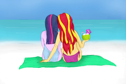Size: 2550x1698 | Tagged: safe, artist:horsesass, sunset shimmer, twilight sparkle, equestria girls, g4, beach, clothes, coconut cup, female, lesbian, naked towel, ship:sunsetsparkle, shipping, swimsuit, towel