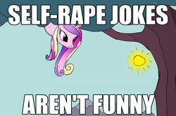 Size: 879x582 | Tagged: safe, princess cadance, alicorn, pony, g4, ceiling pony, female, frown, image macro, mare, meme, mouthpiece, no fun allowed, parody, rape joke, self rape, solo, sun, tree, wavy mouth