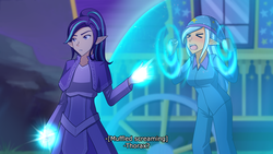 Size: 1280x720 | Tagged: safe, artist:jonfawkes, starlight glimmer, trixie, human, g4, to where and back again, clothes, duo, elf ears, female, force field, humanized, implied thorax, magic, offscreen character, pajamas, scene interpretation, screaming, unicorns as elves