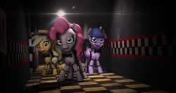 Size: 4096x2160 | Tagged: safe, artist:dazzion, applejack, pinkie pie, twilight sparkle, alicorn, pony, robot, robot pony, g4, 3d, adoracreepy, animatronic, animatronic pony, creepy, cute, five nights at freddy's, five nights at pinkie's, freddy fazbear's pizzeria, hallway, lens flare, light, looking at you, source filmmaker, twilight sparkle (alicorn)