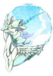 Size: 634x900 | Tagged: safe, artist:nabebuta, vapor trail, pegasus, pony, g4, blushing, cloud, cute, eye clipping through hair, female, mare, open mouth, solo, spread wings, vaporbetes, wings