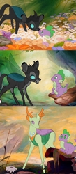 Size: 720x1647 | Tagged: safe, artist:lesbang, spike, thorax, changedling, changeling, dragon, g4, to where and back again, bambi, changeling king, cute, deerified, disney, disney style, flower, king thorax, male, parody, spikabetes, style emulation, thorabetes