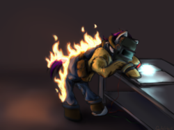 Size: 1280x960 | Tagged: safe, artist:causticeichor, earth pony, pony, clothes, fire, jacket, look at all the fucks i give, no fucks, on fire, overalls, solo, wat, welding, welding mask