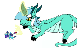 Size: 800x500 | Tagged: safe, artist:dragonpone, derpibooru exclusive, lyra heartstrings, princess ember, dragon, g4, angry, animated, bloodstone scepter, blushing, dragon lord lyra, dragoness, dragonified, eyes closed, female, floppy ears, gif, gritted teeth, hair over one eye, head tilt, holding, magic, magic hands, prone, pulling, simple background, size difference, smiling, species swap, spread wings, struggling, teeth, telekinesis, white background