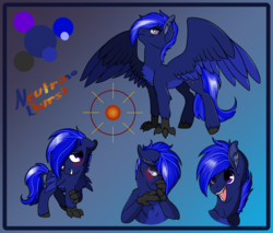 Size: 1280x1090 | Tagged: safe, artist:roy, oc, oc only, oc:neutrino burst, hippogriff, pony, claws, colt, commission, cute, embarrassed, happy, male, reference sheet, stallion, wings