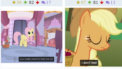 Size: 1136x640 | Tagged: safe, screencap, applejack, fluttershy, pony, derpibooru, g4, feels, juxtaposition, juxtaposition win, meme, meta, youtube caption