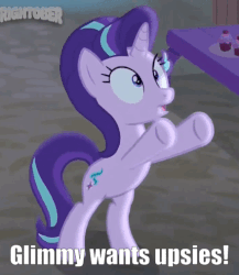 Size: 440x507 | Tagged: safe, edit, edited screencap, screencap, starlight glimmer, pony, unicorn, g4, season 6, to where and back again, animated, baby talk, bipedal, bronybait, cute, female, frown, gif, glimmerbetes, glimmy, hoofy-kicks, hug request, image macro, impact font, looking up, loop, mare, meme, open mouth, solo, underhoof, upsies, wide eyes