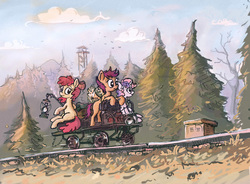 Size: 1280x940 | Tagged: safe, artist:agm, apple bloom, scootaloo, sweetie belle, earth pony, pegasus, pony, unicorn, g4, cutie mark crusaders, female, filly, flapping wings, forest, lantern, railcar, railroad, scenery, sitting, trio, watchtower, wings