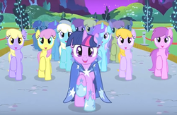 Size: 908x592 | Tagged: safe, screencap, diamond mint, drizzle, orange blossom, parasol, prim posy, sunset bliss, twilight sparkle, pony, g4, the best night ever, background pony, clothes, dress, gala dress, greenie sky, this will not end well