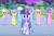 Size: 908x592 | Tagged: safe, screencap, diamond mint, drizzle, orange blossom, parasol, prim posy, sunset bliss, twilight sparkle, pony, g4, the best night ever, background pony, clothes, dress, gala dress, greenie sky, this will not end well