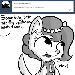 Size: 1280x1280 | Tagged: safe, artist:tjpones, oc, oc only, oc:brownie bun, werewolf, horse wife, ask, cheek fluff, dialogue, ear fluff, eating, food, grayscale, meat, monochrome, offscreen character, sharp teeth, simple background, solo, steak, teeth, tumblr, white background