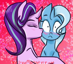 Size: 1228x1068 | Tagged: safe, artist:oreomonsterr, starlight glimmer, trixie, pony, unicorn, g4, blushing, cheek kiss, duo, female, kissing, lesbian, mare, ship:startrix, shipping, surprise kiss, surprised