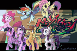 Size: 1600x1053 | Tagged: safe, artist:tyuubatu, applejack, fluttershy, pinkie pie, rainbow dash, rarity, starlight glimmer, twilight sparkle, alicorn, earth pony, pegasus, pony, unicorn, g4, flying, graffiti, group, mane six, twilight sparkle (alicorn)