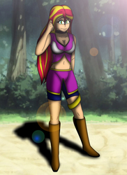 Size: 2912x4008 | Tagged: safe, artist:tyron91, sunset shimmer, equestria girls, g4, belly button, breasts, busty sunset shimmer, cleavage, clothes, crossover, female, fishnet stockings, high res, looking at you, midriff, ruin shade! angel systen, shorts, smiling, solo