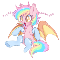 Size: 2650x2650 | Tagged: safe, artist:hawthornss, oc, oc only, oc:paper stars, bat pony, pony, amputee, blushing, clothes, cute, cute little fangs, ear fluff, eeee, fangs, high res, open mouth, paperbetes, simple background, sitting, smiling, socks, solo, spread wings, starry eyes, stump sock, transparent background, weapons-grade cute, wingding eyes