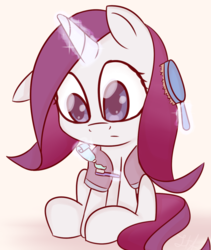 Size: 1068x1263 | Tagged: safe, anonymous artist, rarity, g4, brushing, female, filly, filly rarity, floppy ears, hairbrush, magic, simple background, solo, telekinesis, toothbrush, toothpaste, towel