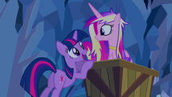 Size: 1280x720 | Tagged: safe, screencap, princess cadance, twilight sparkle, pony, a canterlot wedding, g4, butt, duo, female, mare, messy mane, minecart, missing accessory, plot, sisters-in-law, twibutt