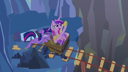 Size: 1280x720 | Tagged: safe, screencap, princess cadance, twilight sparkle, pony, a canterlot wedding, g4, duo, minecart, sisters-in-law