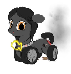 Size: 1037x1080 | Tagged: safe, artist:darkstylerz, oc, oc only, unnamed oc, cyborg, hybrid, object pony, original species, wheelpone, car, check engine light, dripping, fiat punto, oil, ponified, simple background, sketch, smoke, solo, tongue out, wat, wheel, white background, wip