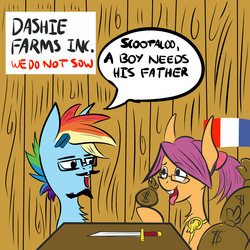 Size: 1600x1600 | Tagged: safe, rainbow dash, scootaloo, g4, game of thrones, knife, money bag, wat